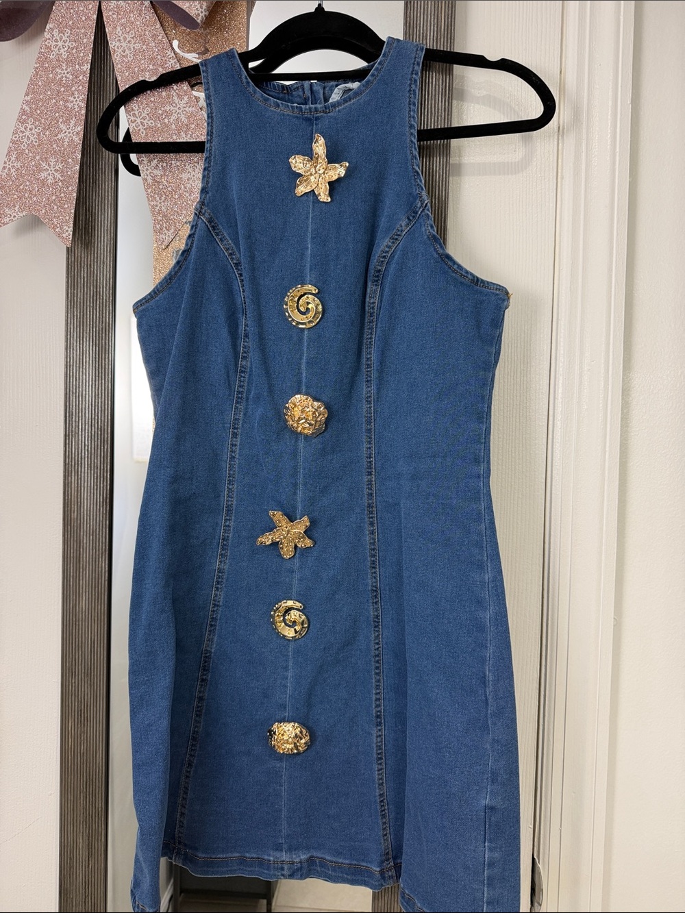 SHEIN Blue Denim Mini Dress with Gold Embellishments
